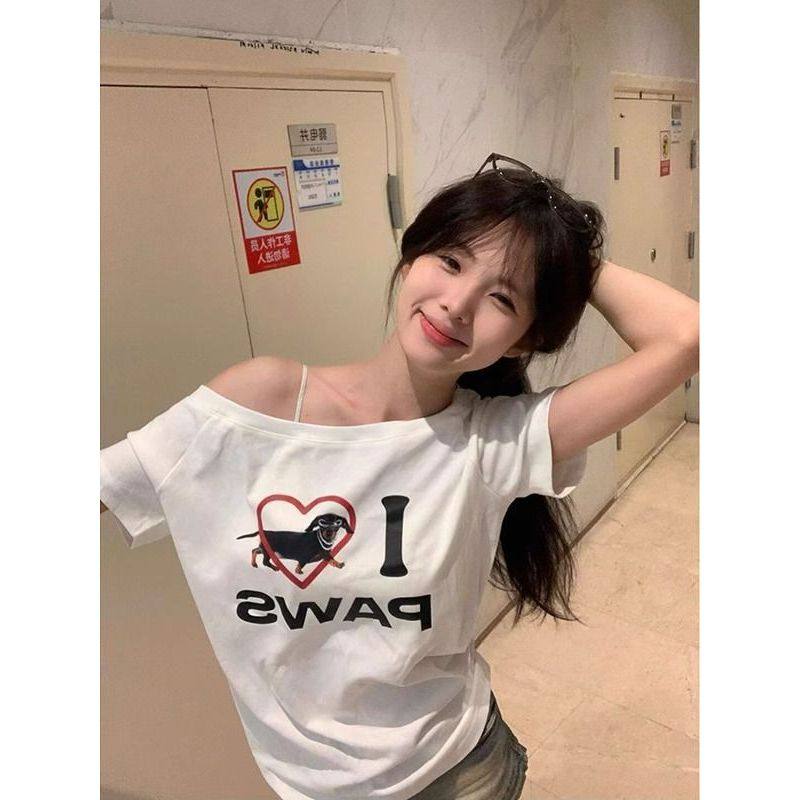 新款美式腊肠狗斜肩短袖印花夏季新款白色T恤宽松显瘦辣妹上衣ins