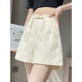 盘扣高腰显瘦a字阔腿热裤 新中式 薄款 女夏季 提花冰丝缎面休闲短裤