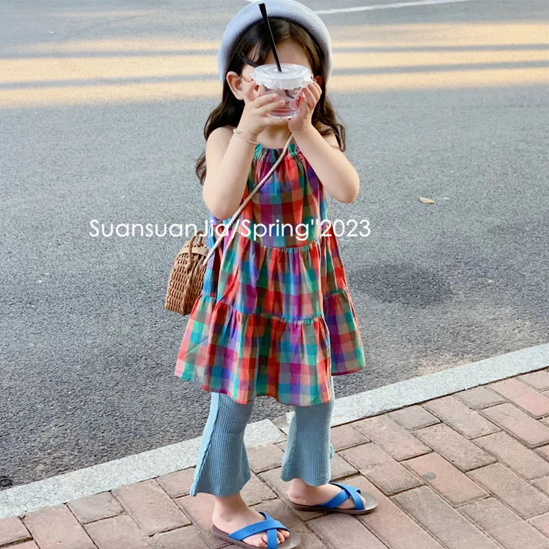 韩国童装女童彩色格子吊带裙