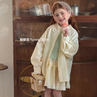 女童浅黄色花边衬衫半身裙两件套春季新品韩系女宝宝长袖上衣套装