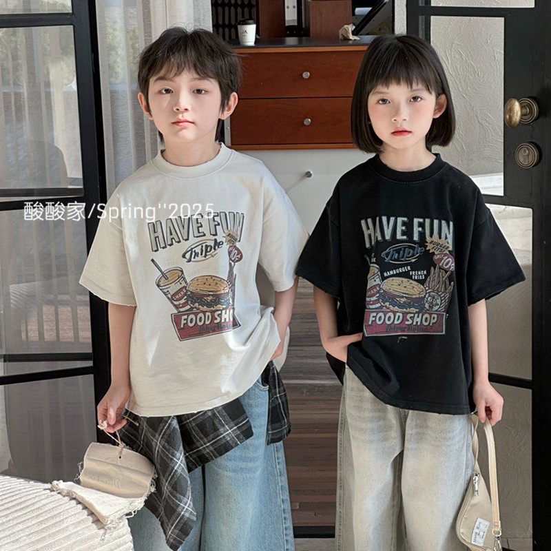 儿童卡通可乐汉堡印花短袖春季新品男女童休闲宽松圆领T恤上衣韩