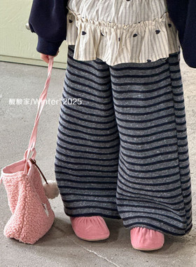 儿童灰色条纹休闲直筒裤冬季新品韩系女童百搭一体绒阔腿裤子潮范