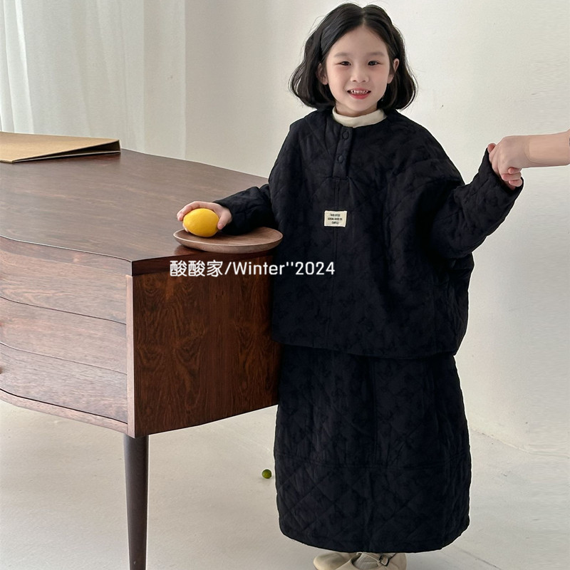女童韩版纯色贴标休闲两件套冬季新品儿童慵懒宽松加厚半身裙套装
