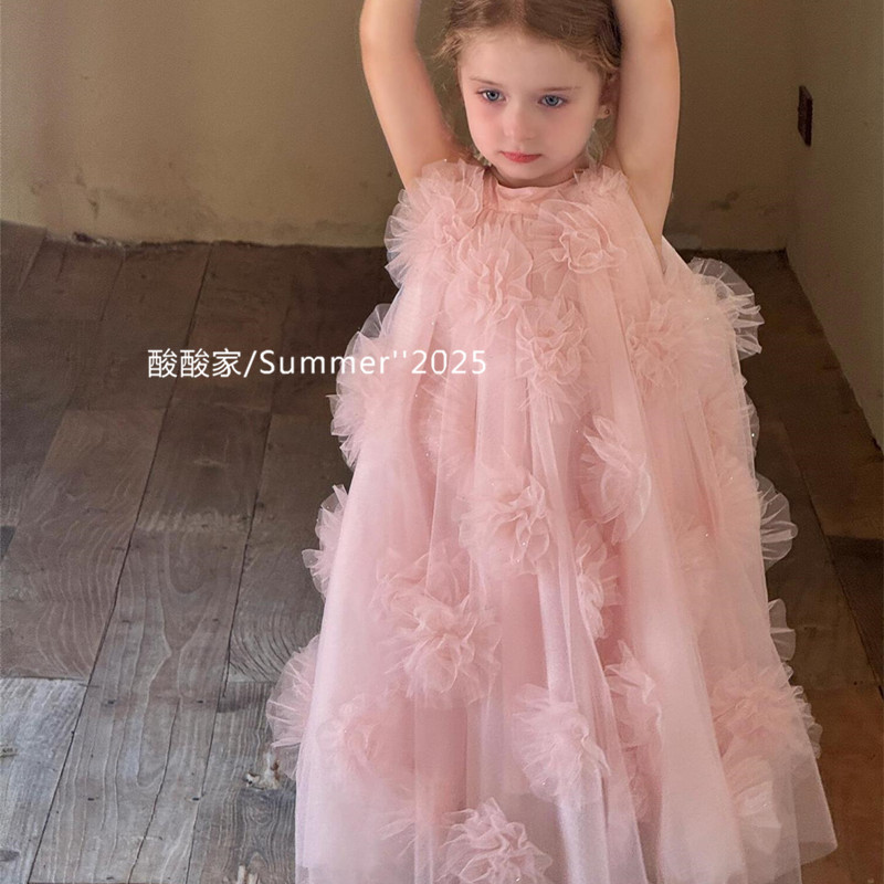 女童粉色花朵蓬蓬纱裙夏季新品小女孩无袖公主裙生日裙礼服裙洋气
