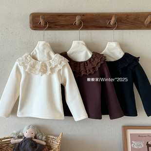 女童韩系蕾丝花边领加绒打底衫冬季新品女宝宝保暖一体绒上衣百搭