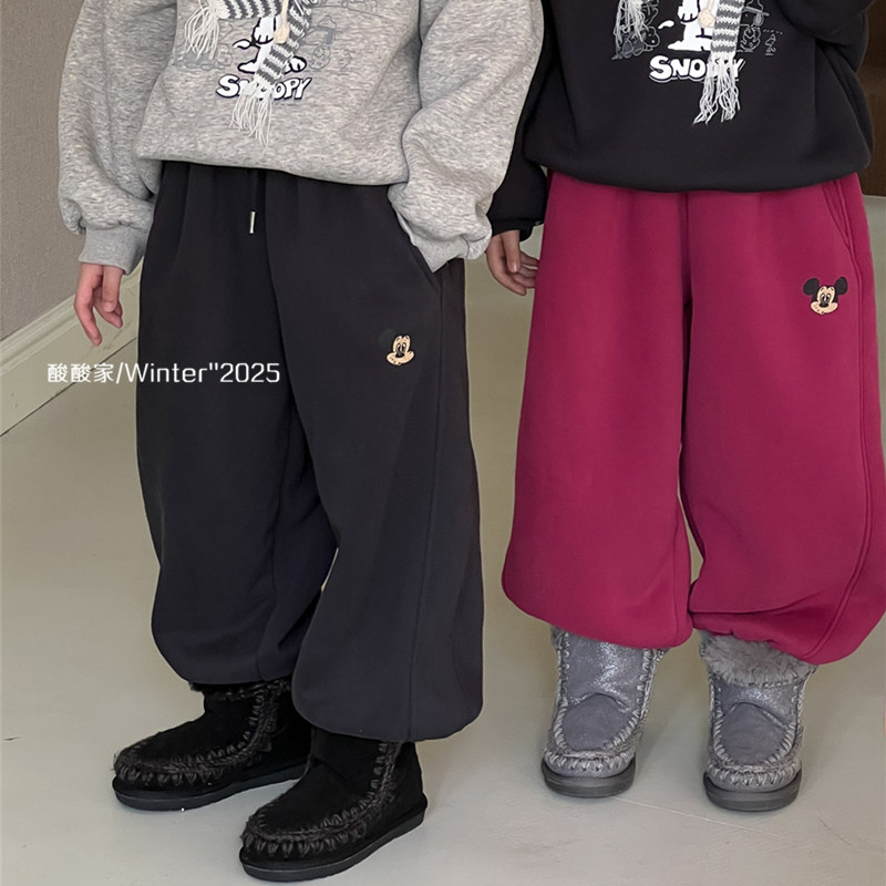 儿童六色米奇加绒束脚卫裤冬季新品男女童休闲一条过冬羊驼绒长裤