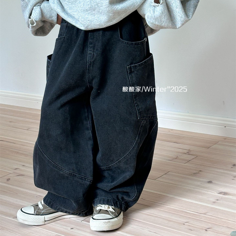 儿童黑色潮范加绒牛仔弯刀裤冬季新品韩版男女童宽松休闲长裤洋气