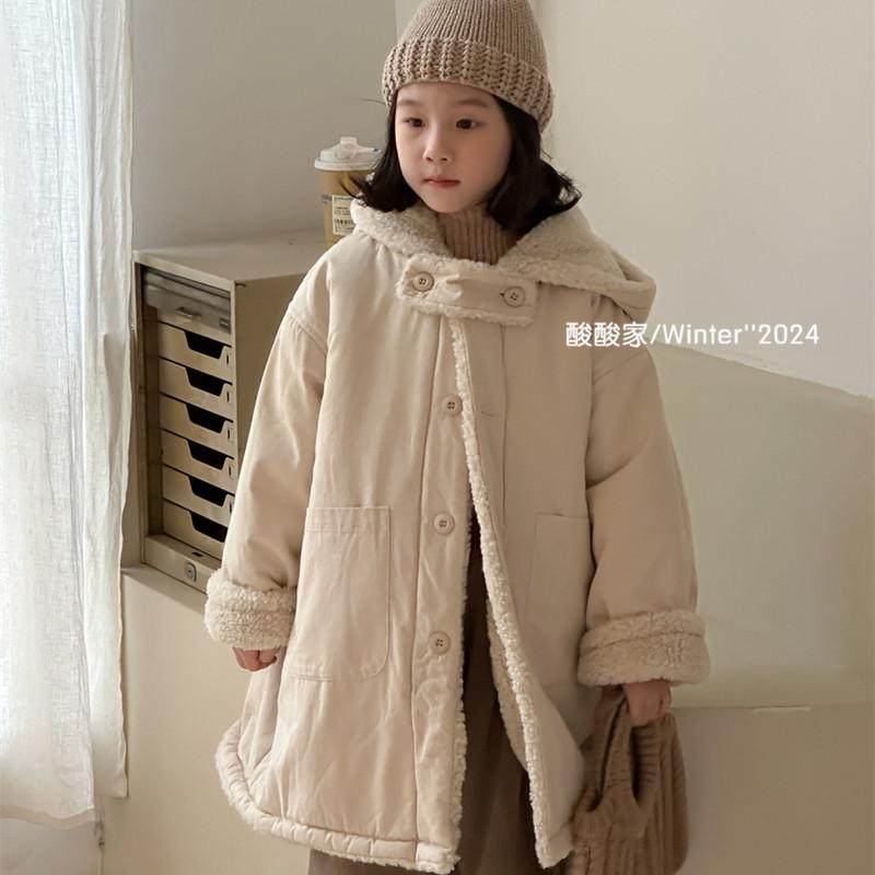 儿童韩系纯色连帽毛毛棉衣冬季新品女童米色中长款加绒棉外套棉袄