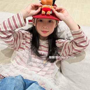 女童休闲红色条纹长袖T恤上衣春季新品韩系小女孩叠穿网纱吊带衫