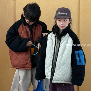 儿童潮范菱形格拼接袖夹棉外套冬季新品男女童休闲宽松保暖棉服潮