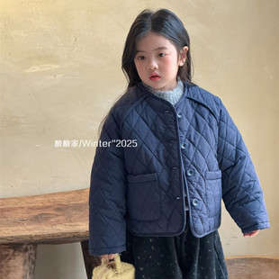 女童藏青色菱形格绗线夹棉外套冬季新品韩系女宝宝圆领百搭小棉衣