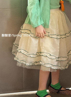 女童绿色密边撞色网纱裙春季新品韩系女宝宝蓬蓬裙公主裙半身裙