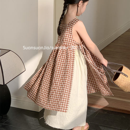 女童复古格子吊带背心连衣裙