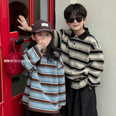 男女童休闲上衣百搭卫衣洋气潮 新品 儿童宽条纹撞色翻领polo衫 冬季