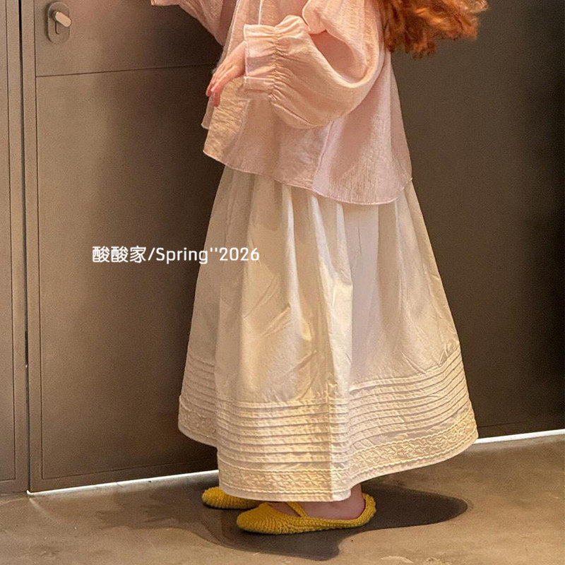 女童纯色花边休闲百搭裙子春季新品韩系女宝宝米色半身裙棉布裙