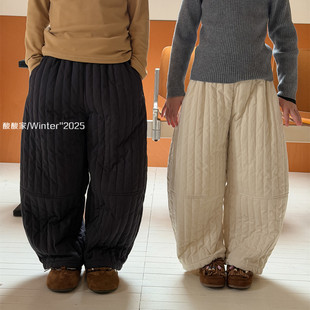 棉裤 儿童纯色竖条夹棉弯刀裤 韩系男女童休闲宽松保暖长裤 新品 冬季