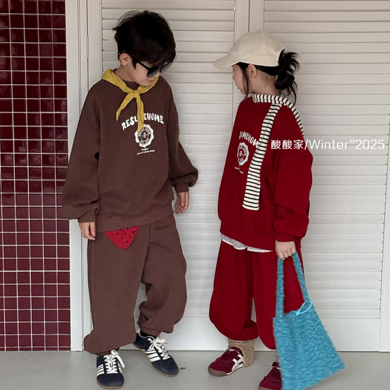 儿童字母加绒卫衣卫裤两件套冬季新品韩版男女童加厚休闲运动套装