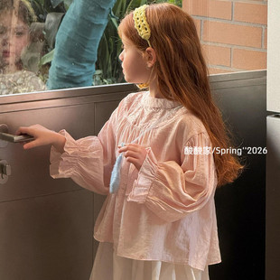 女童粉色花边圆领衬衫春季新品韩系女宝宝可爱公主套头上衣娃娃衫