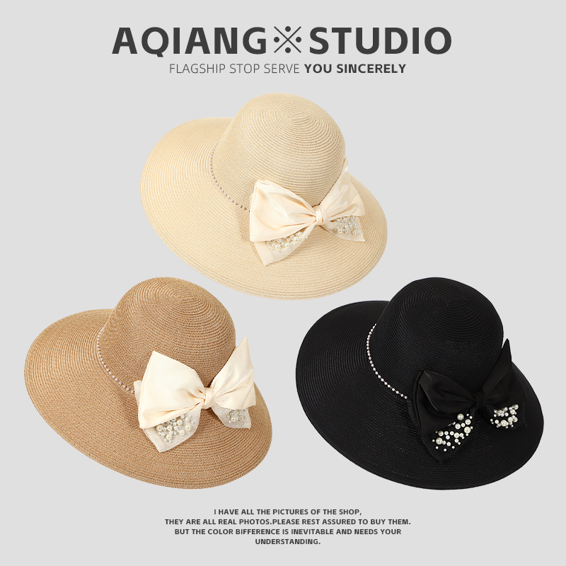 法式蝴蝶结珍珠草帽女海边沙滩帽大檐防晒帽草编太阳帽渔夫帽礼帽
