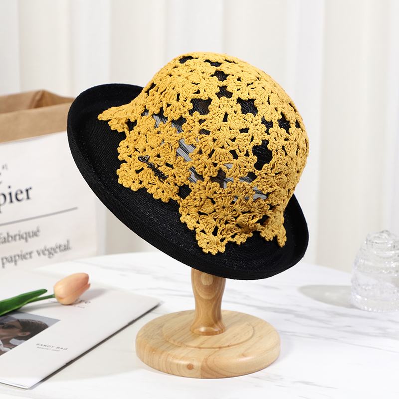 卷边礼帽女春夏季出游拍照防晒遮阳帽手工编织花纹时尚日本渔夫帽