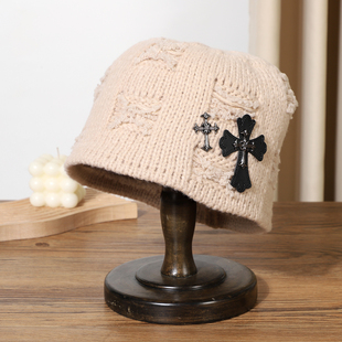 针织帽冬帽川西大头围显脸小高级感十字架帽子美式复古毛线冷帽女