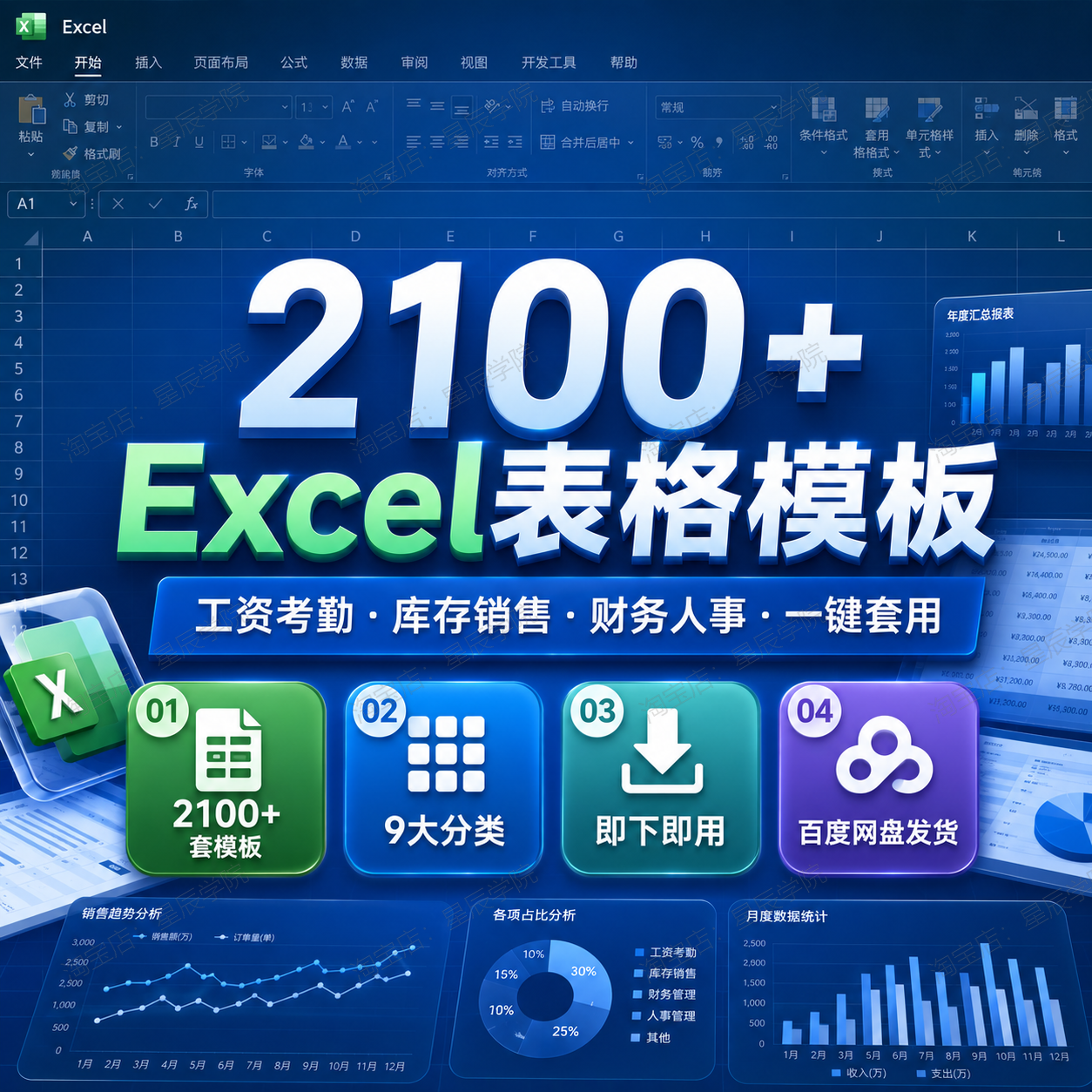 2100套Excel表格模板工资考勤库存销售财务人事行政个人办公合集