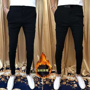 子男秋冬季 潮牌弹力紧身小脚长裤 加绒休闲裤 时尚 男 精神小伙修身 裤