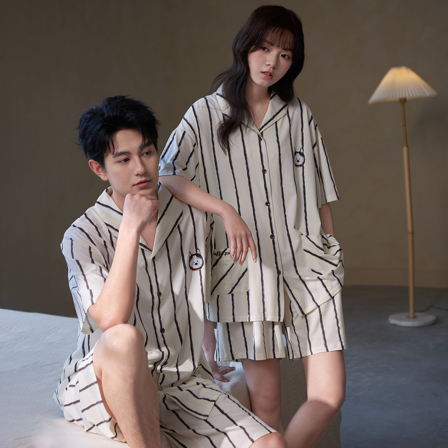 马克公主情侣条纹睡衣夏季女莫代尔棉短袖今年流行简单男士家居服