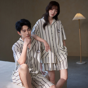 马克公主情侣条纹睡衣夏季女莫代尔棉短袖今年流行简单男士家居服