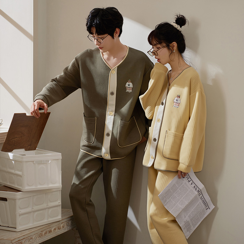 马克公主情侣睡衣冬季纯棉加厚秋冬空气棉男女款夹层可外穿家居服