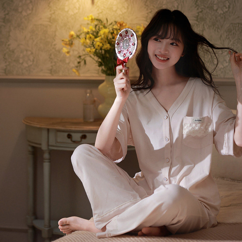 马克公主纯棉睡衣甜美感粉色v领短袖长裤高级可外穿家居服女夏季