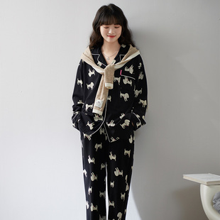 马克公主睡衣女春秋款纯棉韩版可爱卡通小狗可外穿家居服黑色套装