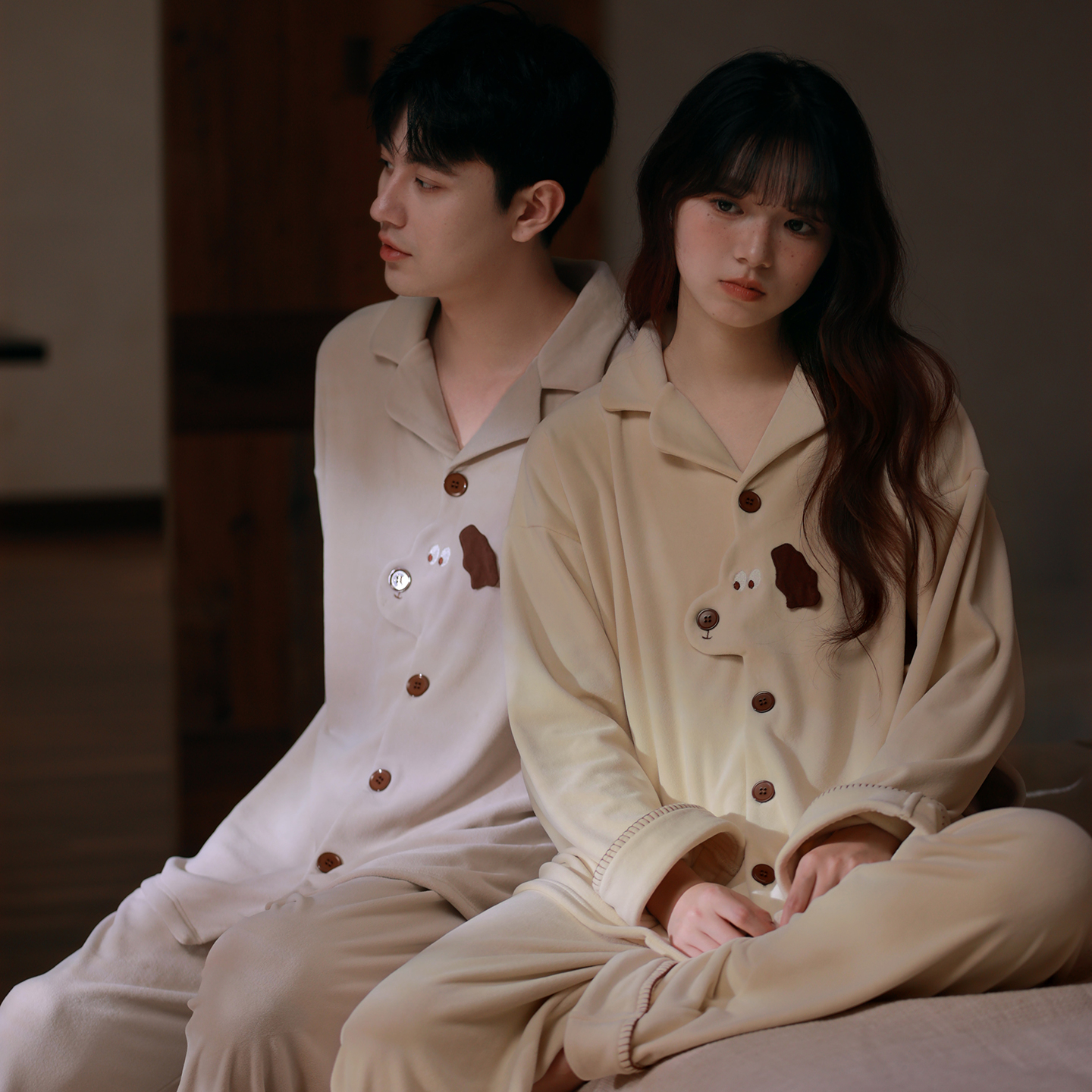 马克公主海岛绒可爱小狗情侣睡衣