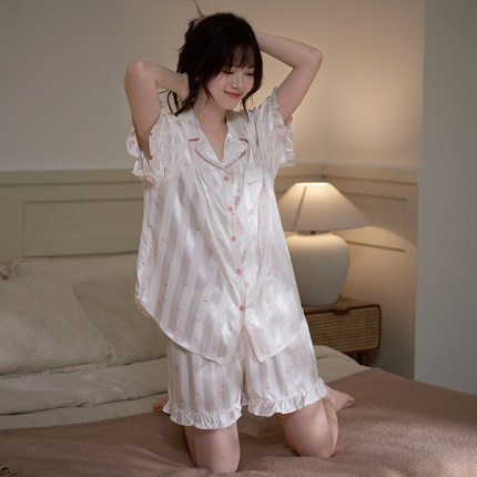 马克公主冰丝睡衣女夏季薄款短袖短裤甜美少女风缎面可外穿家居服