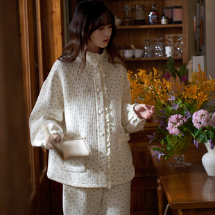 马克公主冬季 睡衣女纯棉加厚加绒秋冬空气棉夹层甜美小碎花家居服