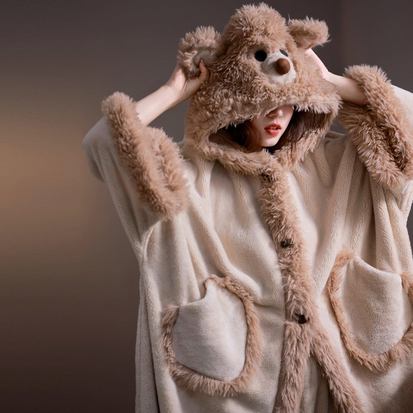 马克公主珊瑚绒连帽睡袍冬季女加厚保暖可爱小熊斗篷长裤睡衣套装