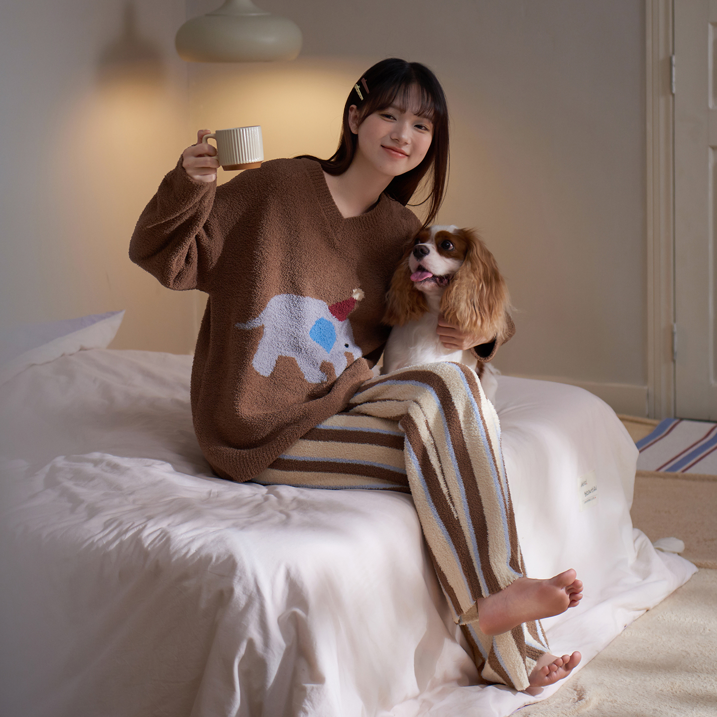 马克公主半边绒睡衣冬季女款可爱卡通条纹毛茸茸可出门家居服冬天