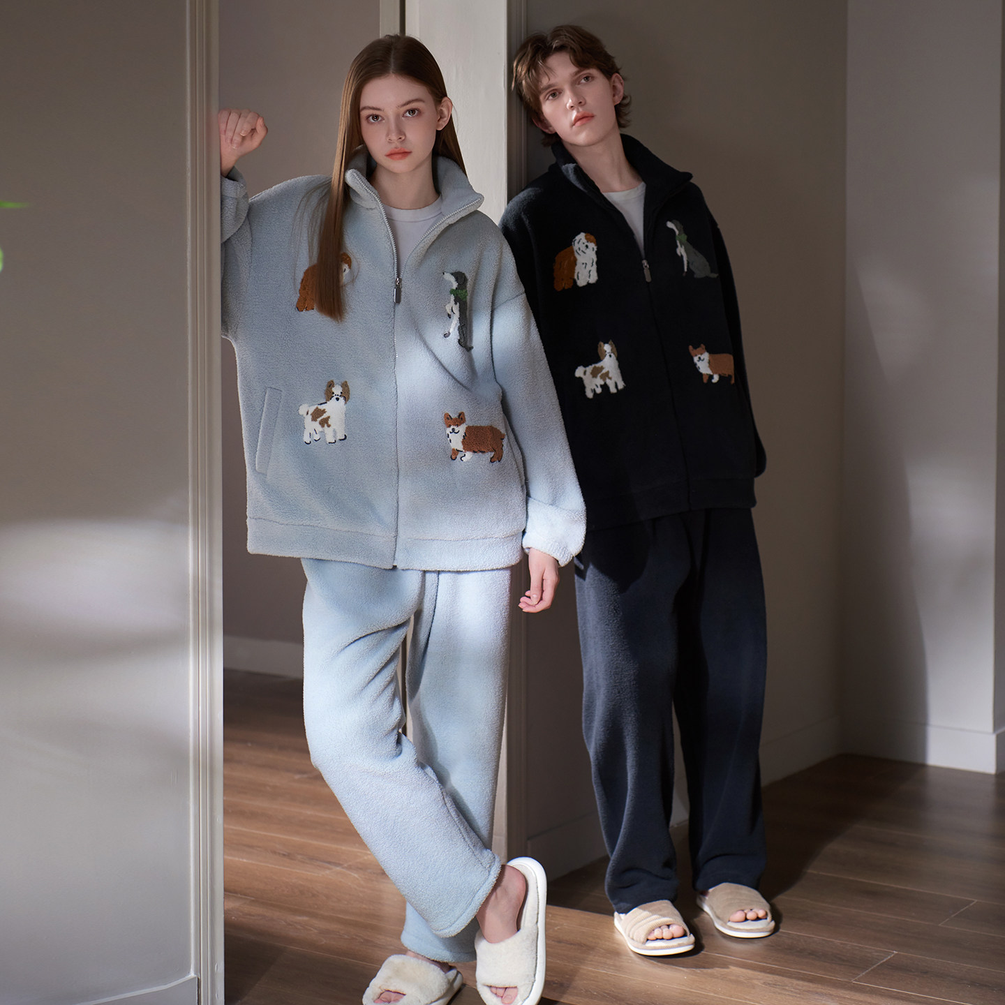 马克公主拉链睡衣冬季男士加厚加绒保暖立领羊羔绒家居服女可外穿