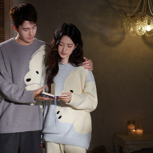 马克公主半边绒可爱北极熊情侣睡衣冬季抗静电男女士毛茸茸家居服