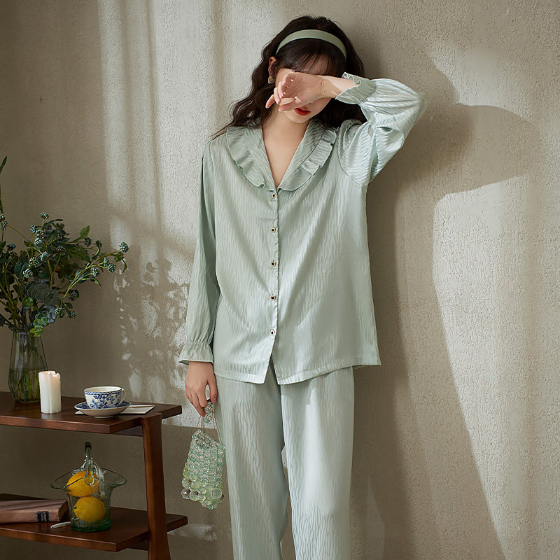 马克公主冰丝睡衣女春夏款长袖薄款绿色小清新高级感小个子家居服