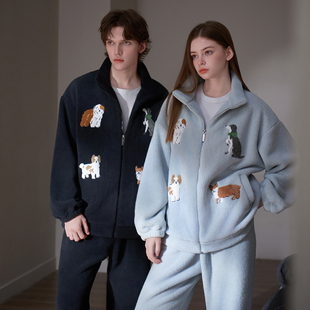 马克公主拉链睡衣冬季男士加厚加绒保暖立领羊羔绒家居服女可外穿