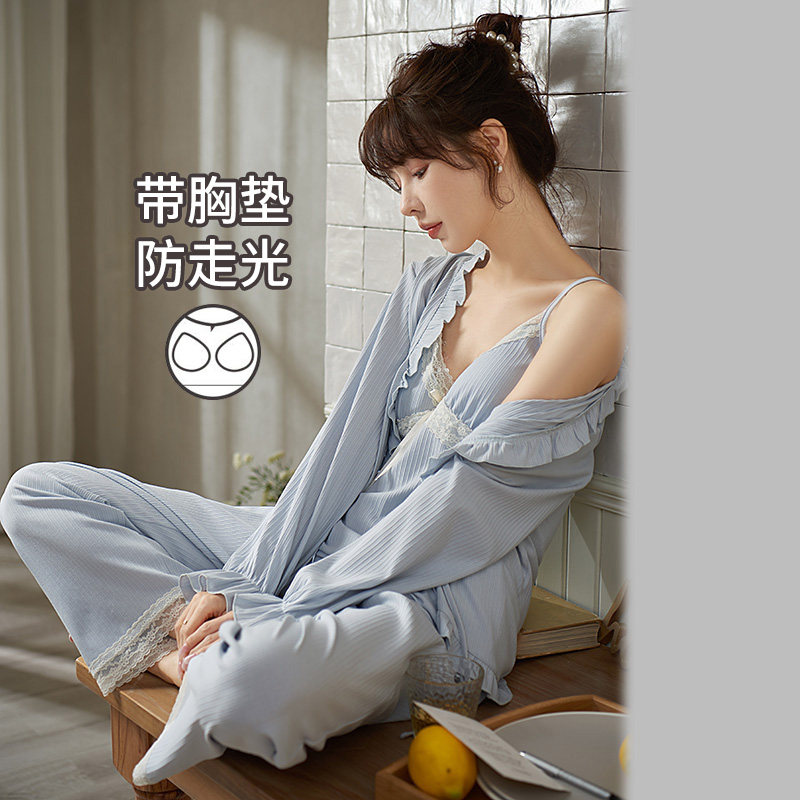 马克公主三件套睡衣春秋女款性感纯欲带胸垫2024年新款吊带家居服