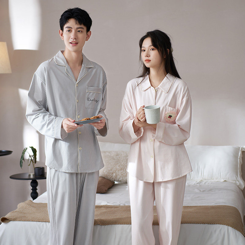 马克公主情侣睡衣女款春秋纯棉简约韩系少女甜美风男士条纹家居服
