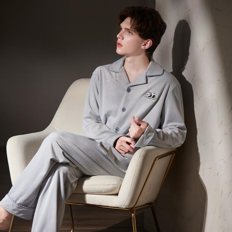 男海岛绒熊猫刺绣家居服高级简约