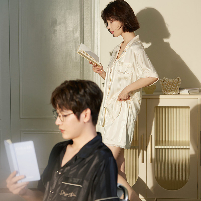 马克公主夏天情侣睡衣女冰丝凉感条纹高级感网红风可外穿男家居服