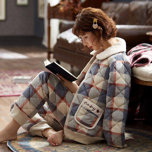 冬季三层珊瑚绒套装超厚加棉睡衣