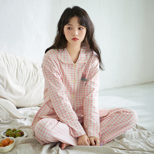 马克公主睡衣女春秋纯棉新款日系甜美格子可外穿小个子家居服套装