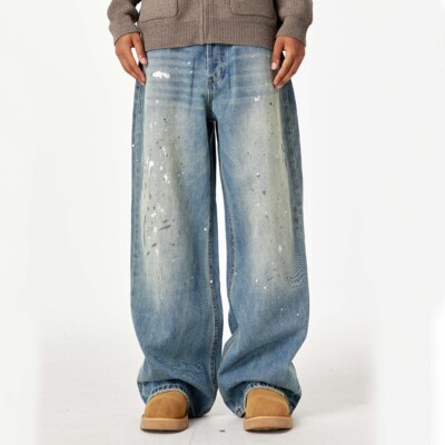 潮标蒂泼墨牛仔裤男直筒宽松阔腿