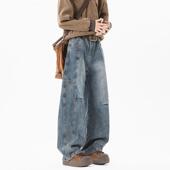 高街裤 复古打褶水洗牛仔裤 男直筒宽松解构弯刀阔腿美式 子潮流百搭