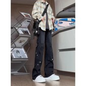 高街vibe微喇裤 男直筒宽松阔腿美式 子潮牌痞帅 弯刀牛仔裤 黑色工装